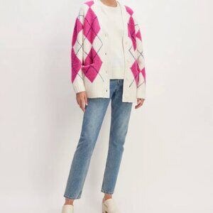 Everlane SuperFuzz Alpaca Cardigan - Pink/White/Blue Argyle size S